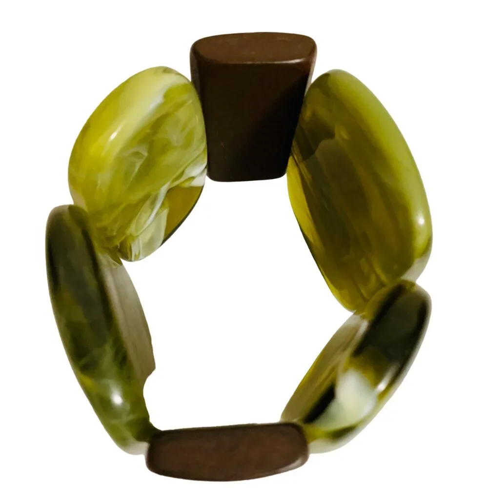 Antique Bakelite Cuff Bracelet Art Deco Swirls Stretch Rectangle Green Rare